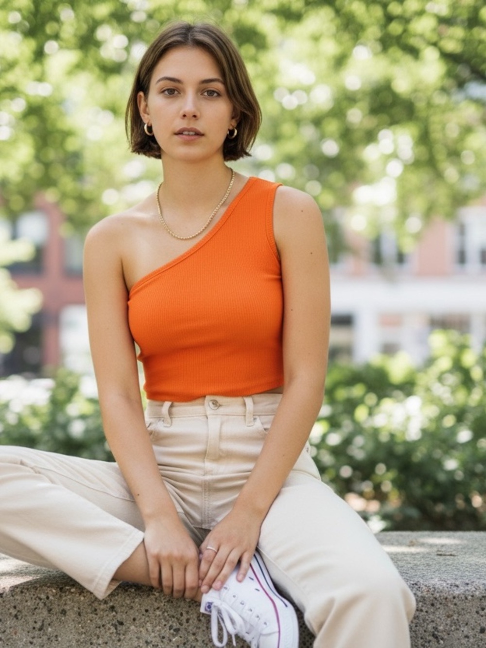 Orange One-Shoulder Ribbed Tank Top - Picture 2 of 4